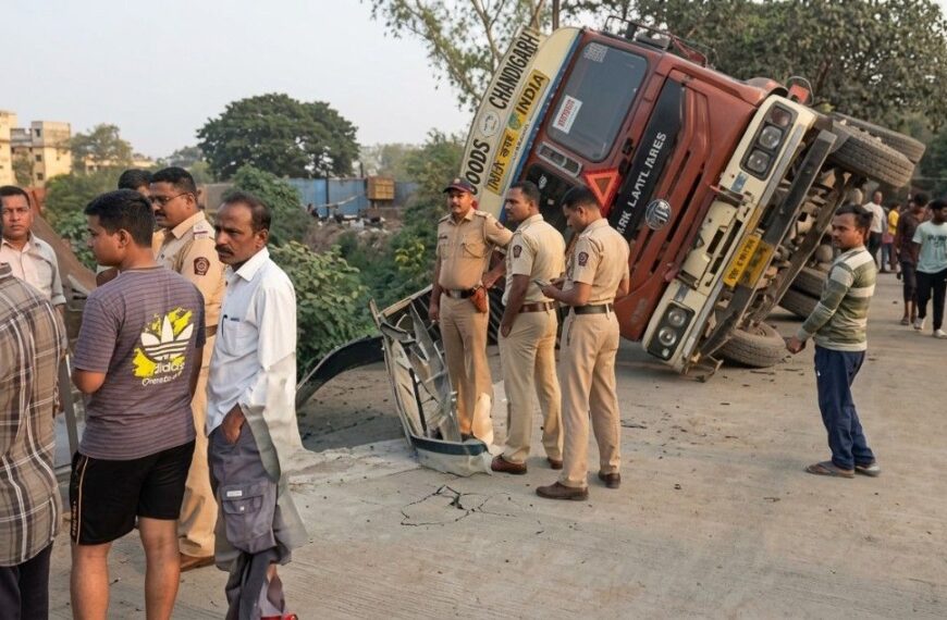Ambernath News: Trailer Container Falls Off Bridge into River at Varol Village, No Injuries Reported
